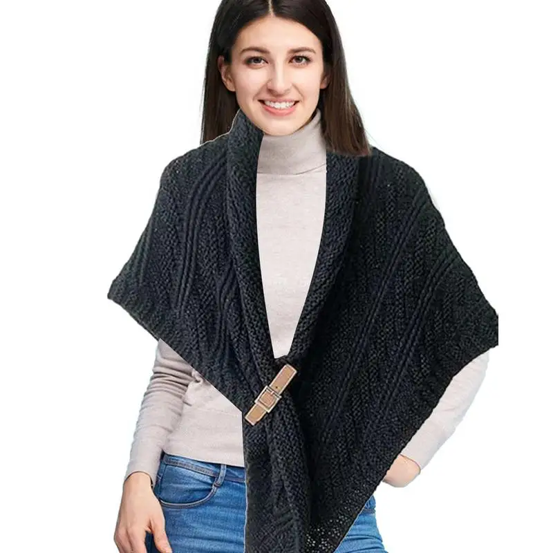 Knitted Triangle Shawl Wrap Sweater Shawls Wrap With Artificial Leather Buckle Crochet Autumn Winter Scarf For Women Travel