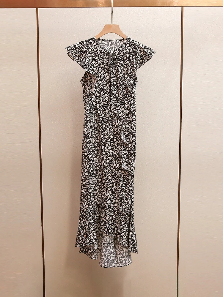 High End Women's Summer New Style Vacation Style Sweet Floral Ruffle Edge Fashionable Flying Sleeve Dress
