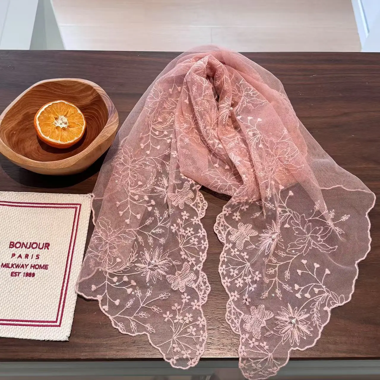 Elegant Pearl Lace Long Scarf for Women Korean Style Summer Versatile Fashion Decor Neck Bandana Accessory