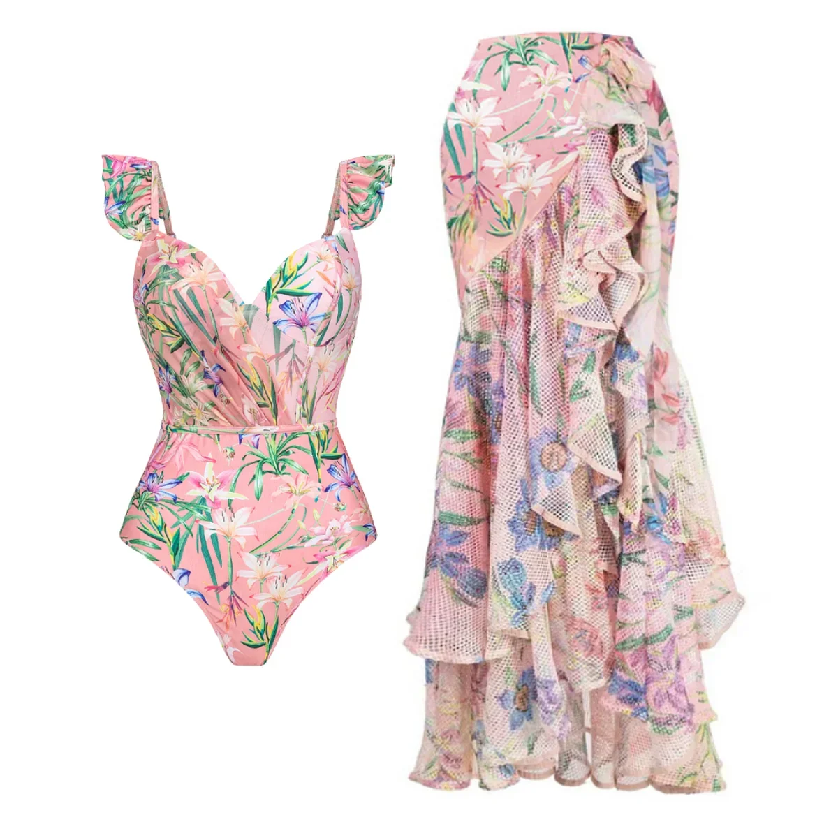 

2023 Push Up One Piece Swimsuit with Beach Skirt Ruffle V Neck Bathing Suit Beach Wear High Leg Bodysuit Monokini Female