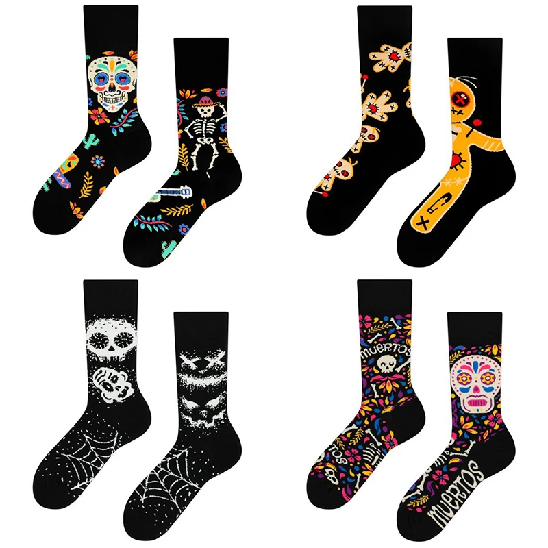 Unisex colorido Sugar Skull Socks, AB Crew Socks, Dia dos Mortos, Dia das Bruxas, Irregular, Algodão, Homens, Mulheres, Casal, Massa, Retro, Unisex