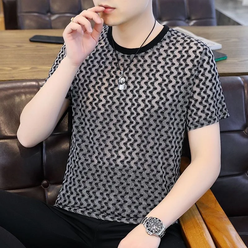 

Мужская летняя новая модель из ледяного шелка с короткими рукавами, освежающая футболка с сеткой для молодежи