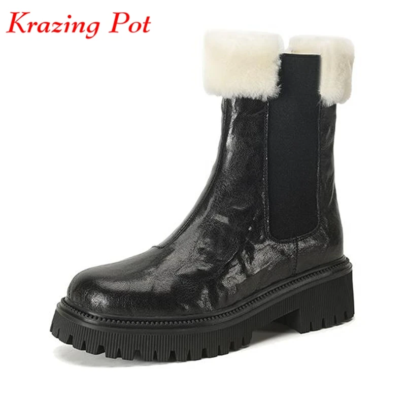 Krazing Pot Sheep Leather Wool Natural Fur Round Toe Winter Warm Snow Boots Med Heels Vintage Design British School Ankle Boots