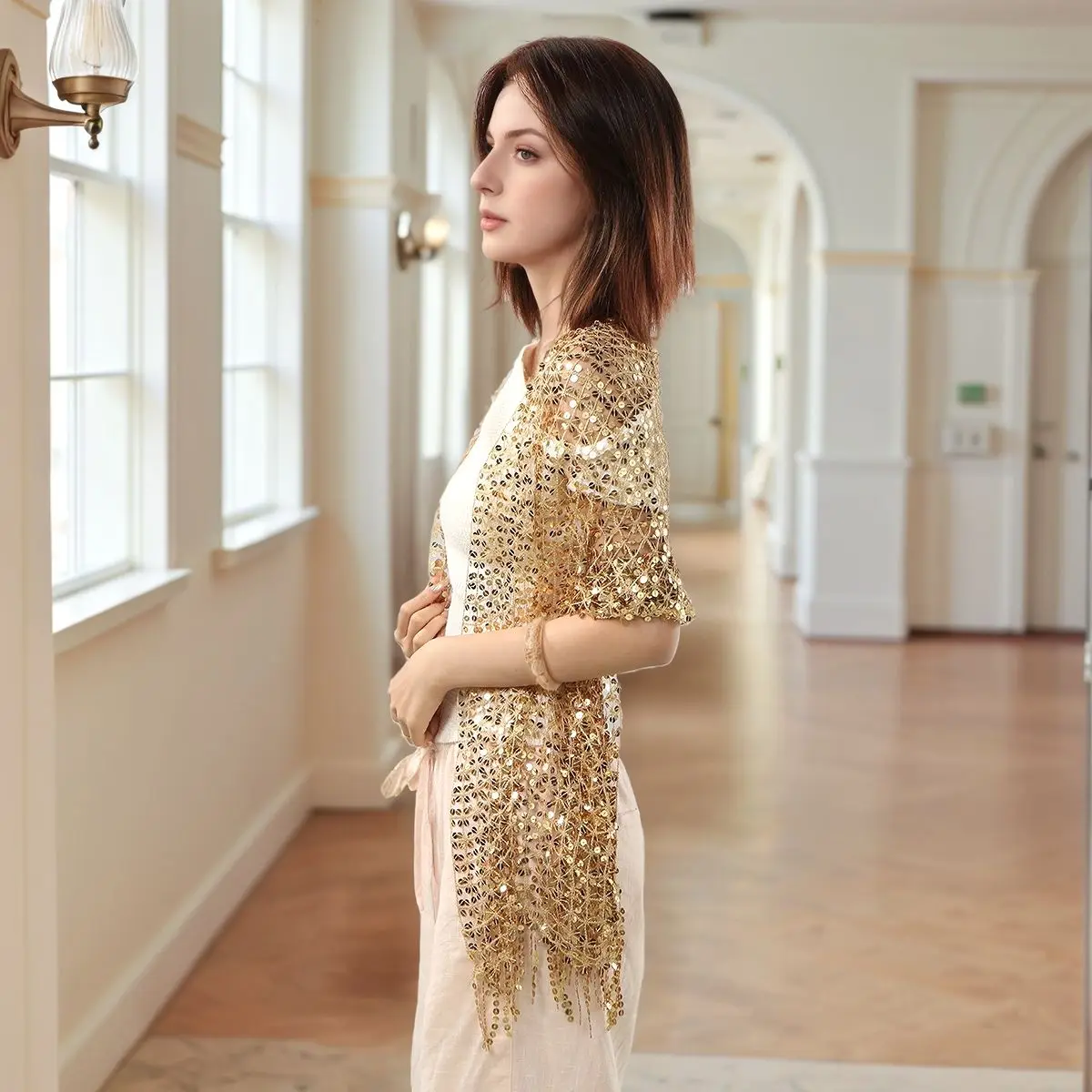 Vintage Golden Sparkle Fransen Schal Party Schal Frauen Luxus Kopftuch Pailletten Deco Wraps Fransen Braut Brautjungfer Hochzeit Cape – Detail 6