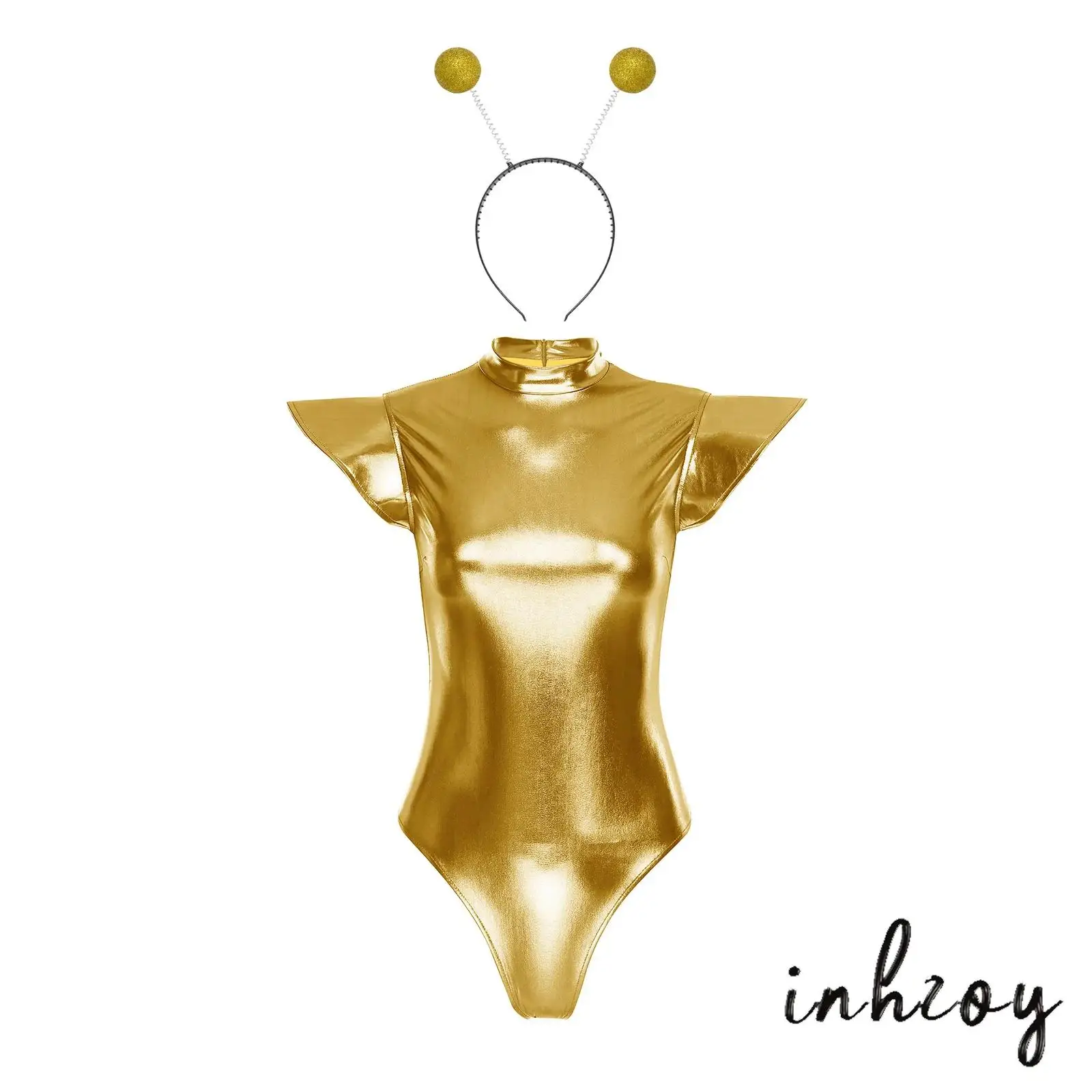 

Womens Halloween Alien Robot Cosplay Metallic Shiny Bodysuit with Headwear Fly Sleeve Mock Neck Back Zipper Leotard Jumpsuit