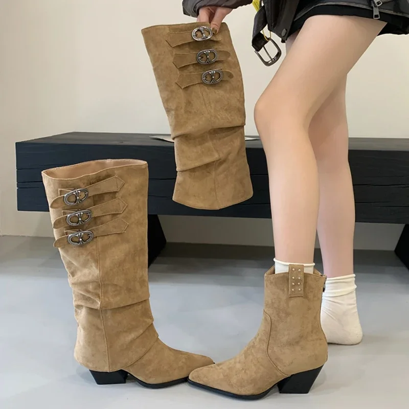 

Aneikeh/модные осенне-зимние длинные ботильоны на низком каблуке, женские сапоги до колена с пряжкой и ремешком, женская обувь в квадратном стиле в стиле панк