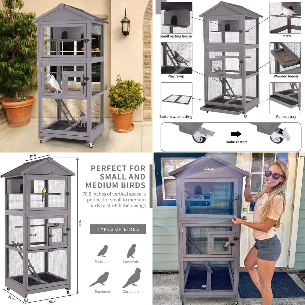 Large Wooden Outdoor Aviary for Parakeets, Macaws, and Small Birds with Perch and Wire Netting Protection