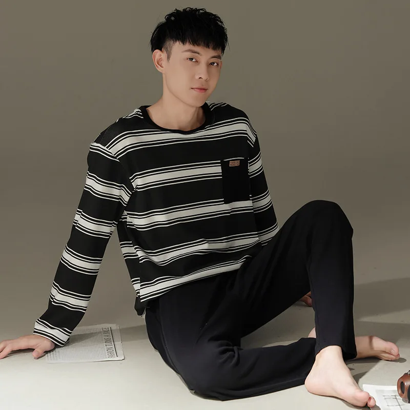 New Men\'s Spring and Fall Pajamas Homewear Suit Men\'s Long-Sleeved Long Pants Homewear Teenagers Fall and Winter Homewear Suit