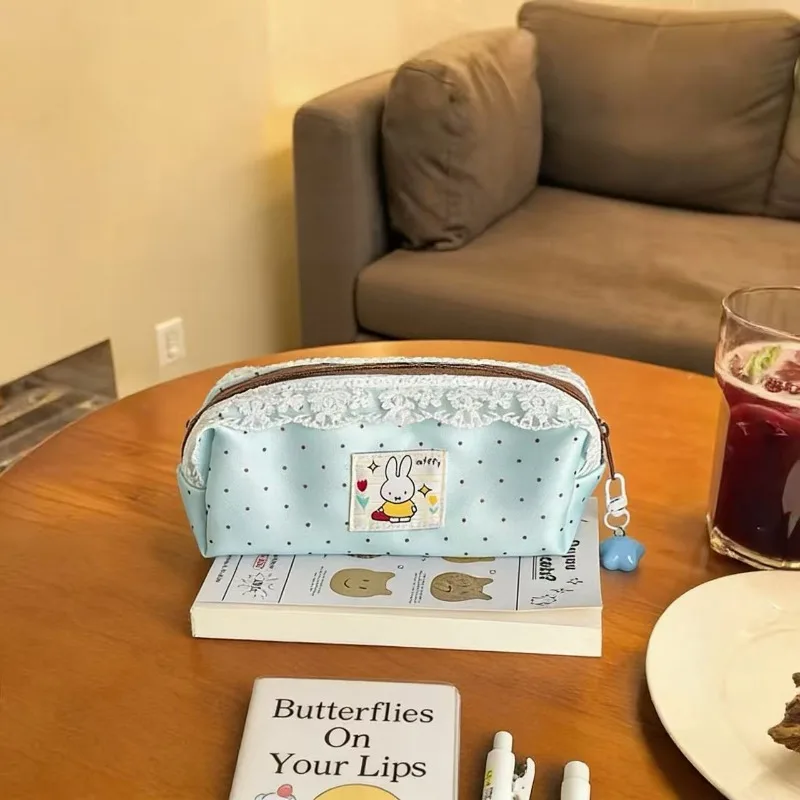 Minimalist Miffy Polka Dot Pencil Case with Lace Trim | Large Capacity Ins-Style Stationery Bag for Students - view 3