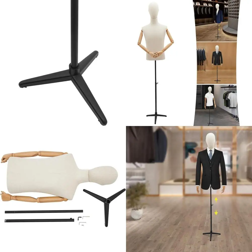 

Adjustable Height Poseable Male Mannequin with Metal Tripod Stand for Sewing and Clothing Display (Black Base)