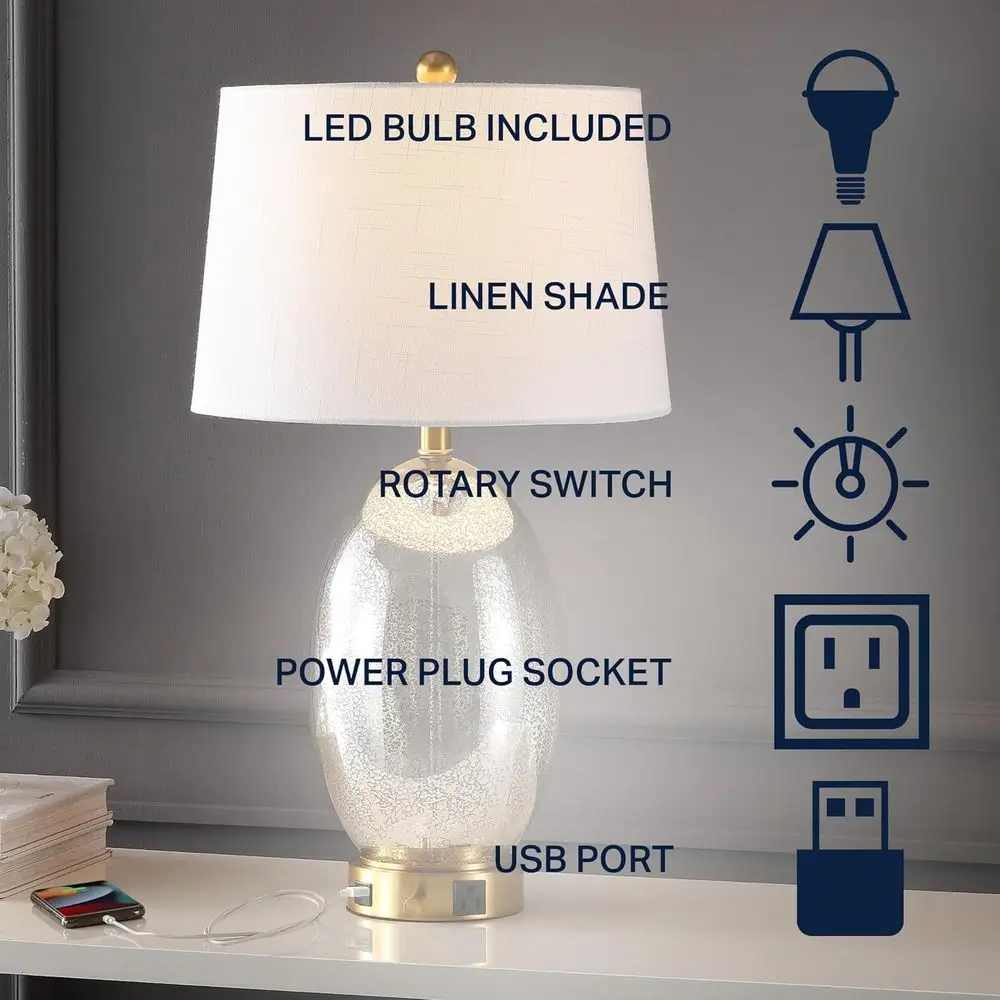 26.5 Modern 1-Outlet Iron/Glass LED Table Lamp with USB Port, Silver/Brass Gold