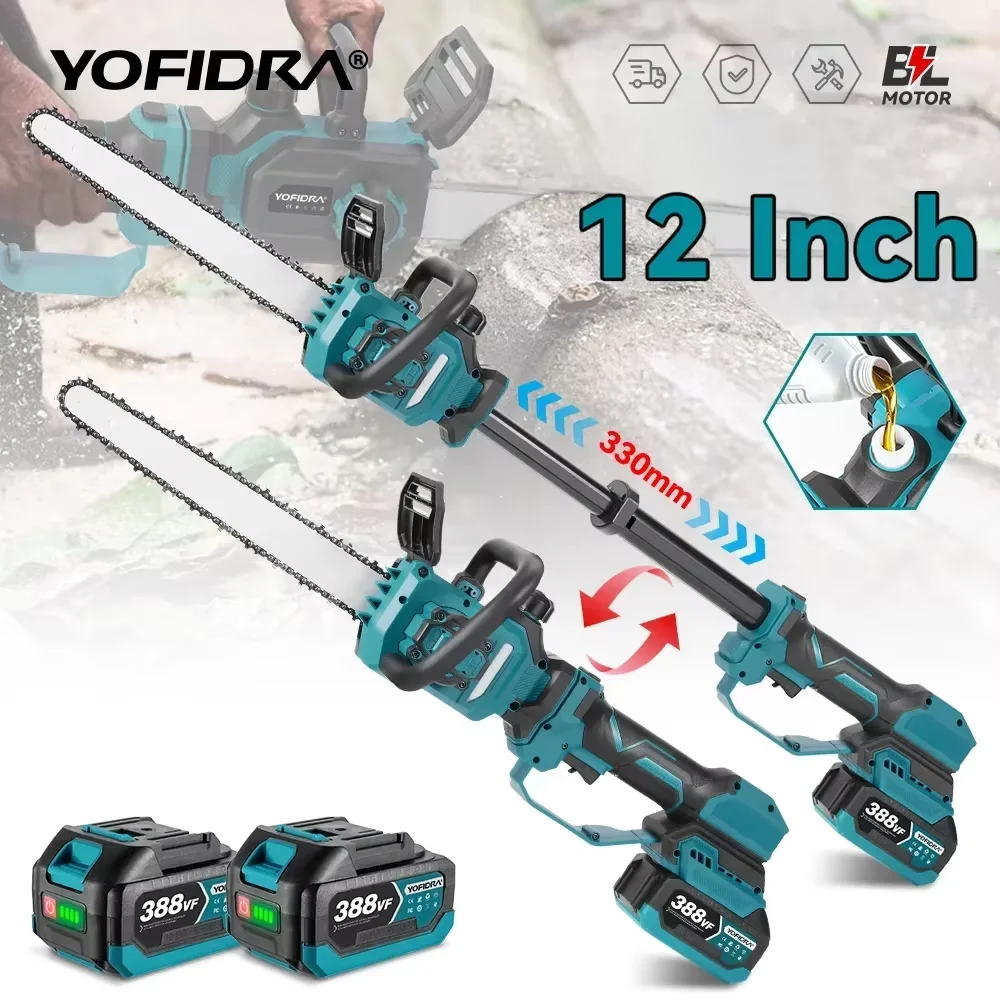 YOFIDRA 12 Zoll bürstenlose Teleskopstange elektrische Kettensäge Garten Holzbearbeitung Astsäge für Makita 18–21 V Batterie Pin