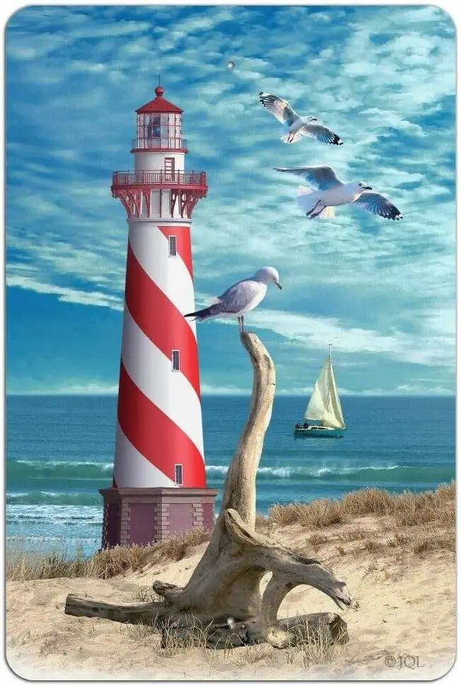 Lighthouse Seashore Ocean Beach Seagulls Sailboat Home Business Office Sign Look Vintage Style Metal Sign 8X12 Inch