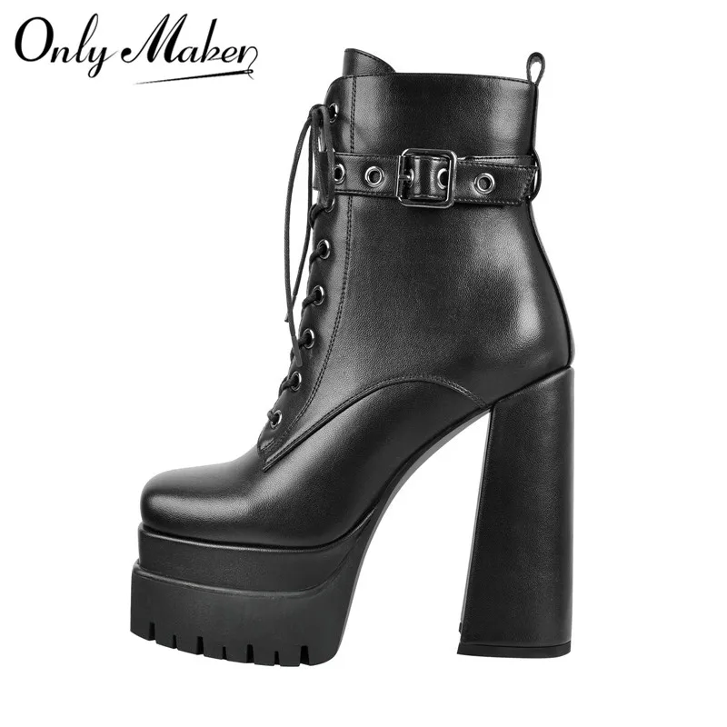 Onlymaker Women Square Toe Platform Ankle Boots  Chunky High Heel Black Matte Lace Up Thick  Party Dress Booties