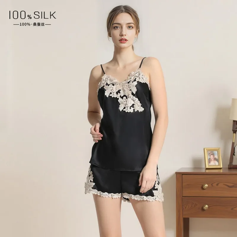 

19 мм настоящие шелковые женские пижамные комплекты из тутового шелка, кружевной топ на бретельках и шорты с вышивкой, пижамный комплект, ночная рубашка, пижамы