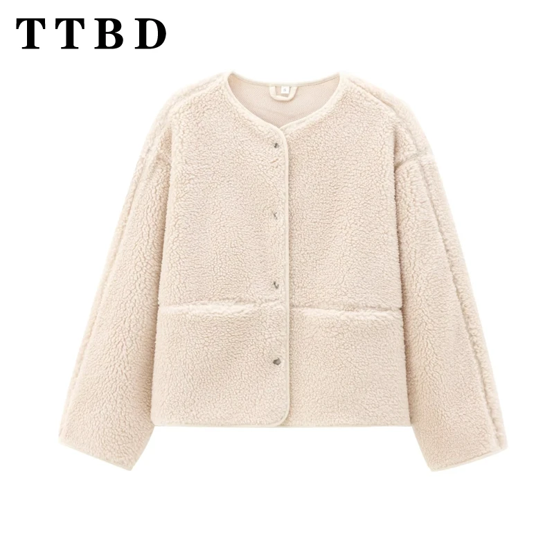 TTBD-Veste Teddy Smile à Col Rond pour Femme, Vêtement Solide, Confortable, à la Mode, Nouvelle Collection Automne Hiver 2024