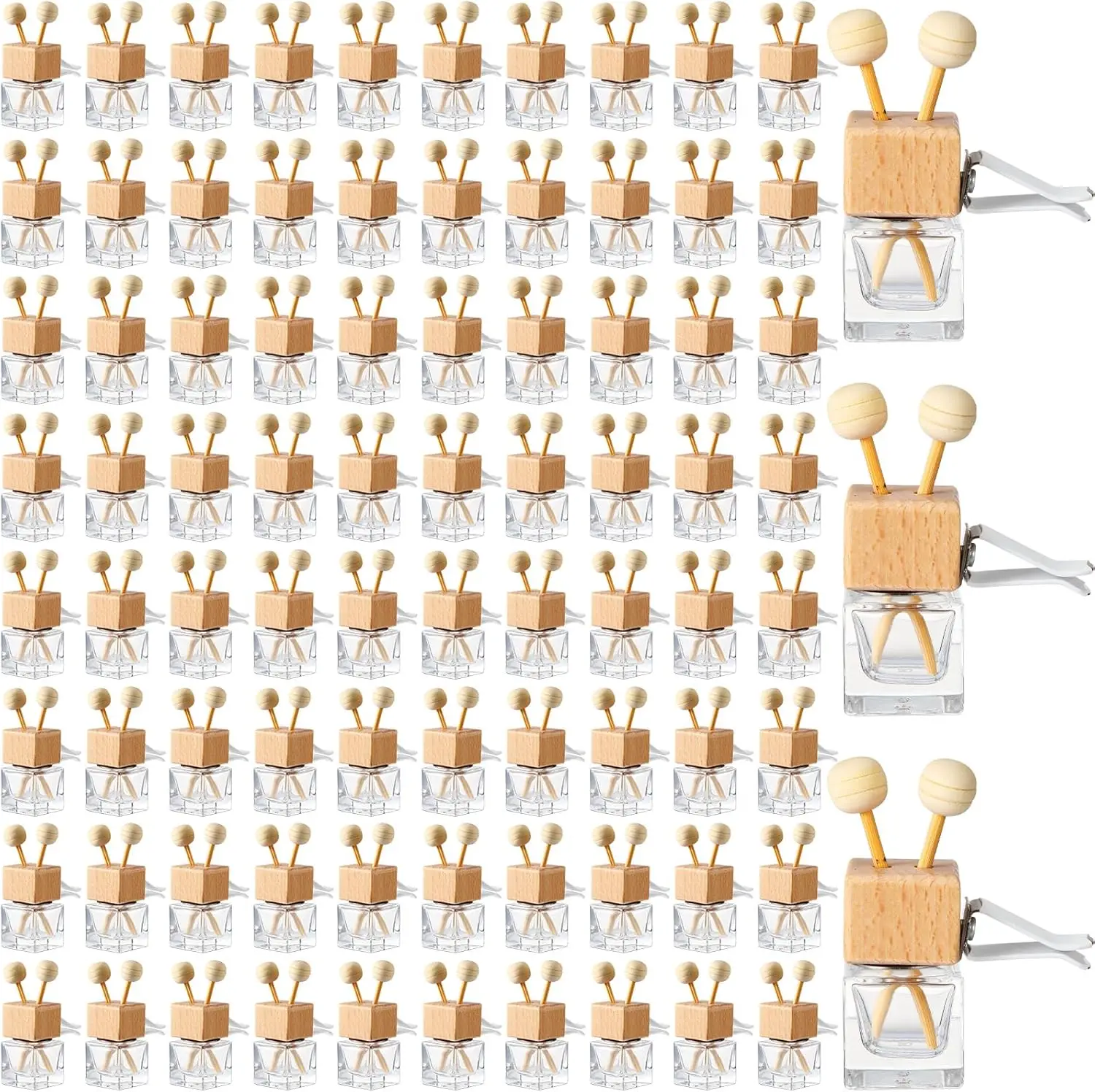 

100 шт. пустых автомобильных диффузоров-флаконов для эфирных масел и парфюмерии, стеклянные, с деревянными крышками и палочками-аппликаторами, для ароматизации салона автомобиля