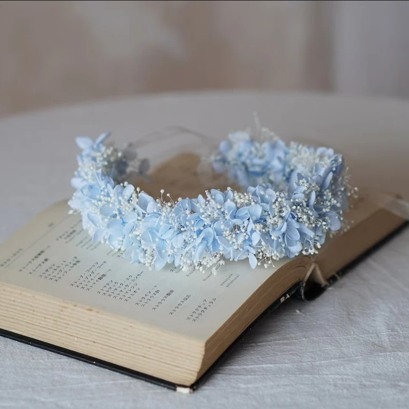 Handmade Preserved Blue Gypsophila Hydrangea Bridal Boho Crown Wedding Flower Girl  Crown Children\'s Birthday Decorations