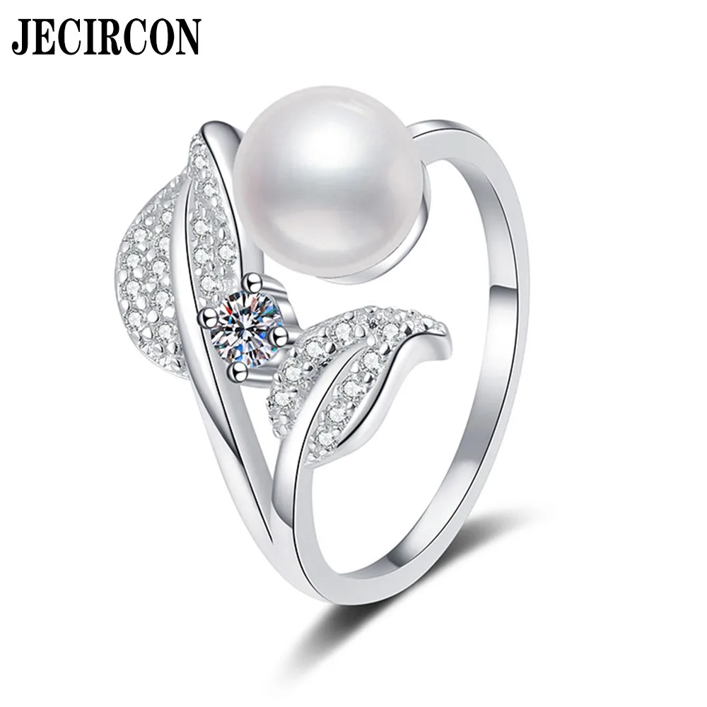 JECIRCON S925 Sterling Silver Ring 0.1 Carat Moissanite Petal Freshwater Pearl Open Ring Adjustable Light Luxury Party Jewelry