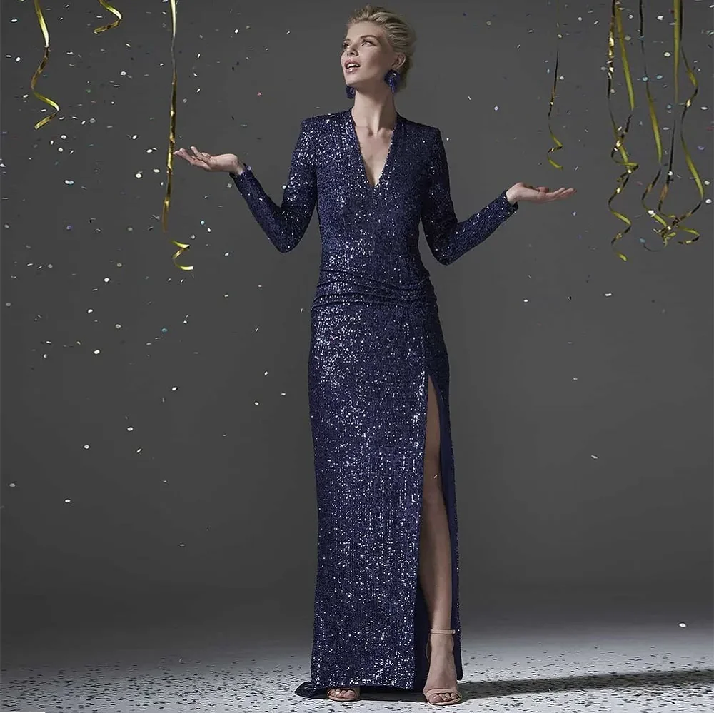 

New Navy Blue Sheath Mother of the Bride Dresses with Long Sleeve Sequin V Neck Side Split Wedding Party Evening Gowns