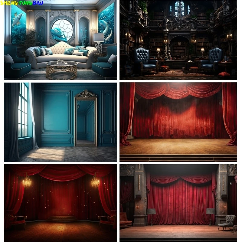 

Red Theater Podium Stage Open Curtain Spotlight Photography Backdrops Props Empty Room Birthday Party Indoor Background TQ-18