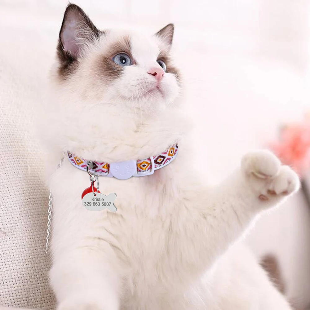 Breakaway Cat Collar Colorful Personalized Cats Collars with Bell Customized Bohemian Style Kitten Necklace with Fish ID Tag