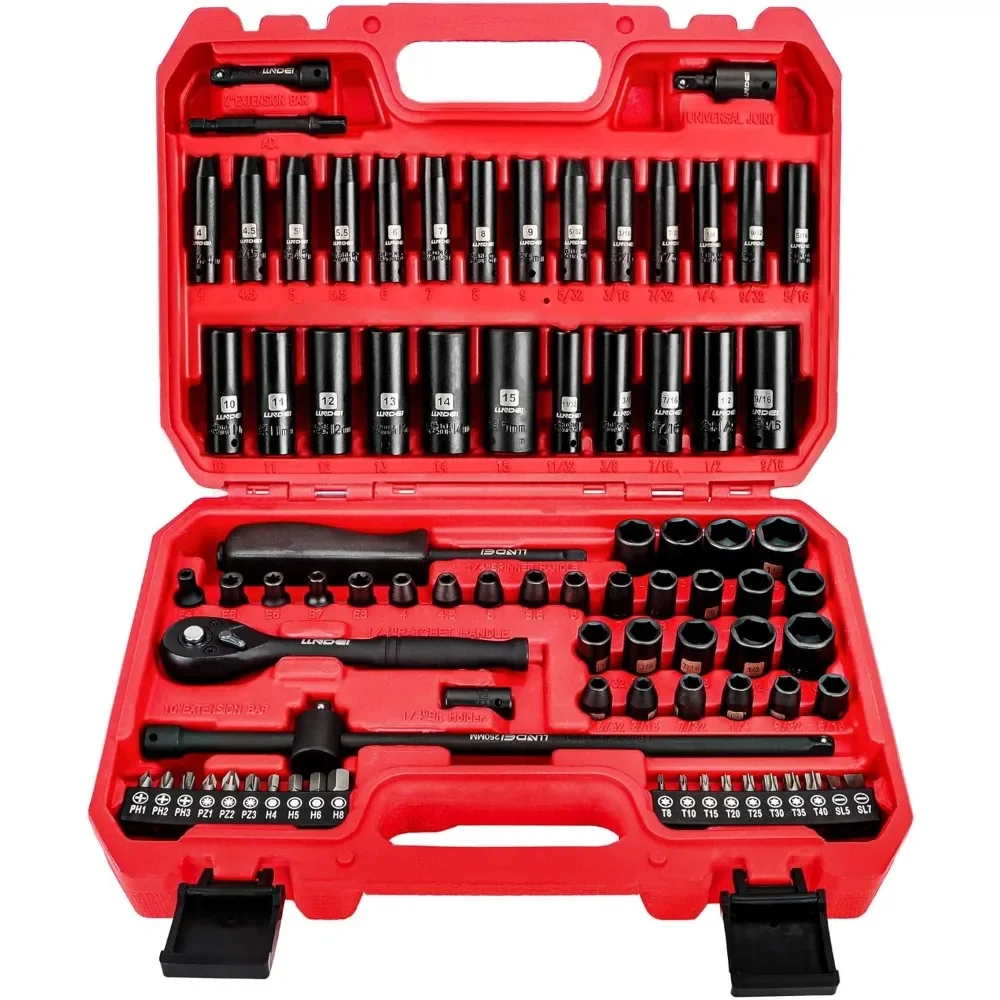 1/4 inch Drive Impact Socket Set 83 Piece,Standard SAE(5/32-9/16 inch) Metric Size(4-15mm),72T Ratchet Wrench