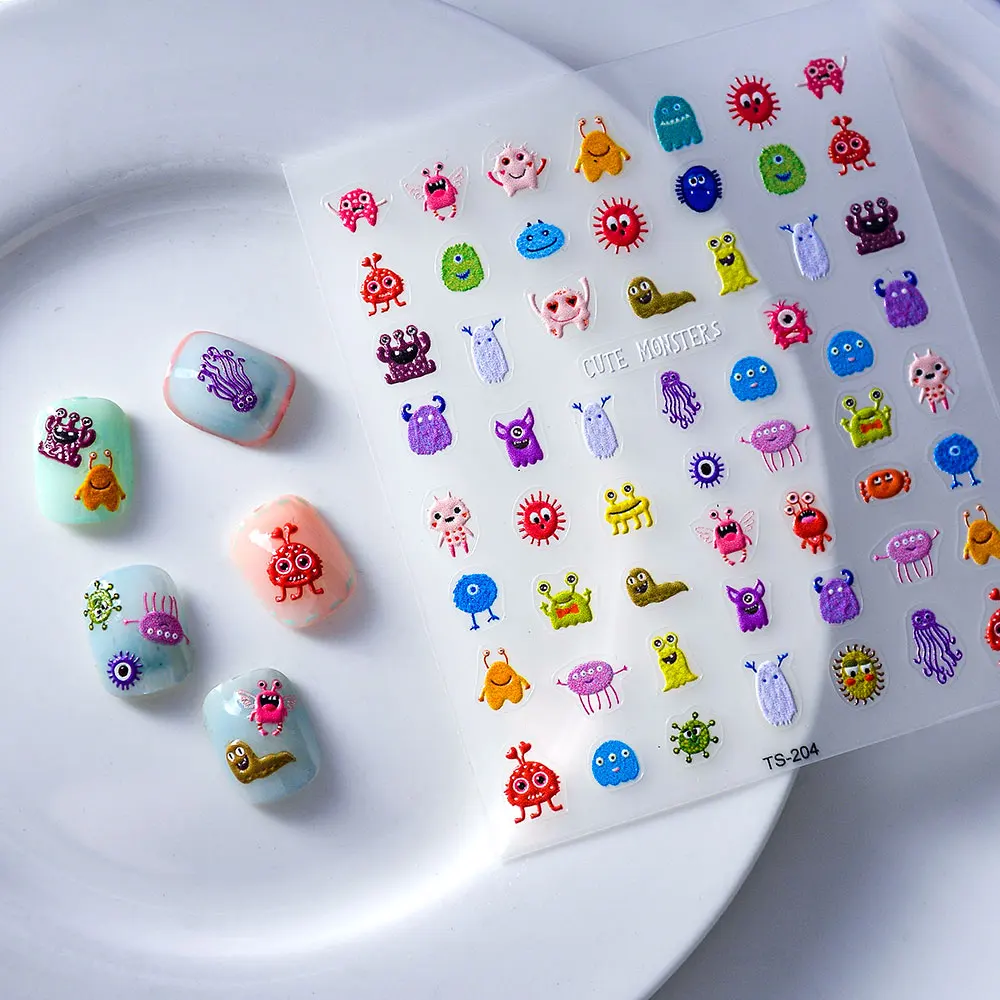 Cute Monster Nail Sticker 5D Embossed Nail Art Slider Cartoon Manicure Decals Tool TS-204