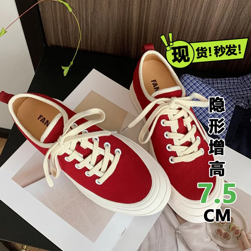 

Women's 7.5cm Hidden Wedge Platform Canvas Sneakers Lace-up Casual Height Increasing Shoes For Petite Sweet Girl Shoes