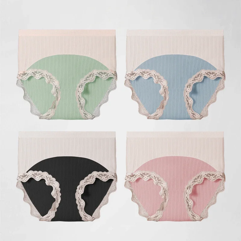 5pc Pure cotton contrasting color high-waisted antibacterial, seamless, comfortable lace triangle pants, breathable and simple g