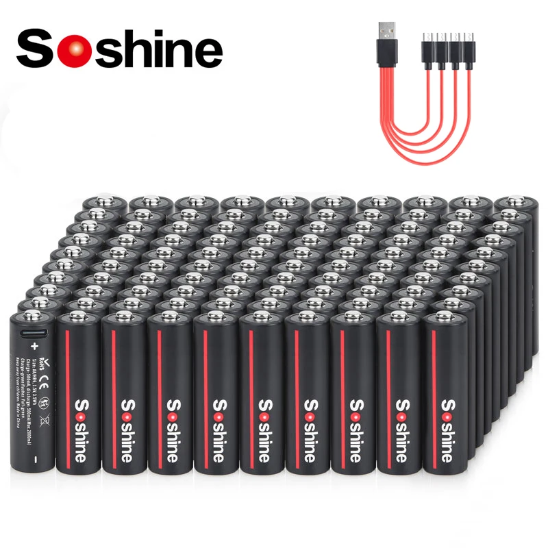 Soshine 1.5V USB 3500mWh Li-ion Rechargeable Batteries AA USB Lithium Battery with 4-in-1 USB Cable for Remote Control Mouse Toy