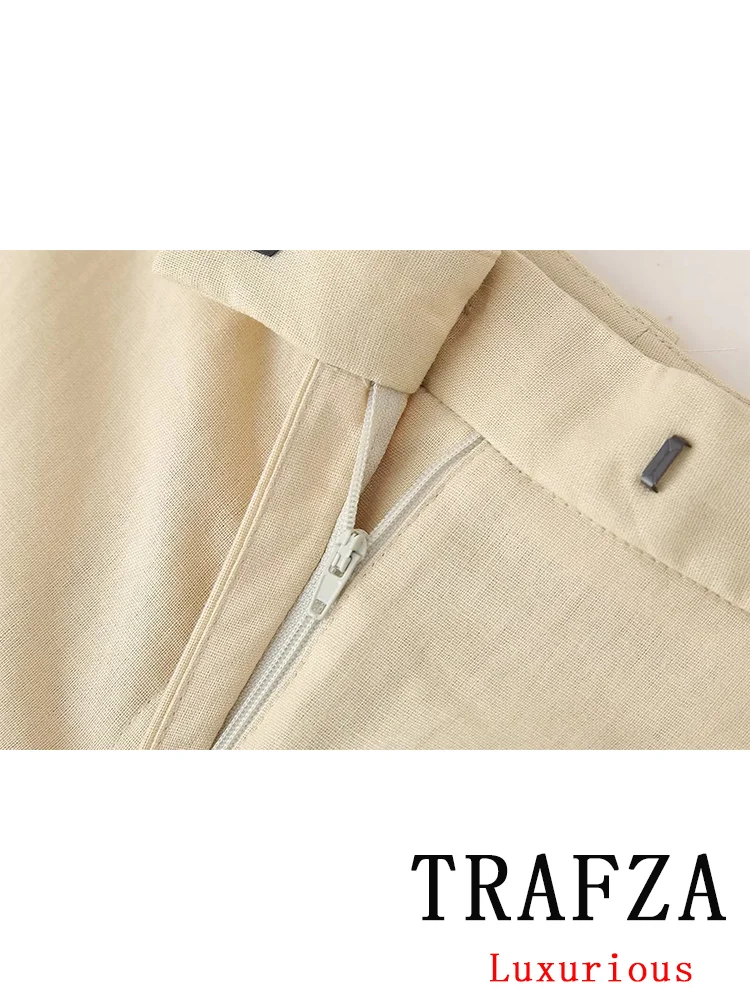 TRAFZA-Terno de escritório monocromático feminino, arco vintage, colete com decote em v, zíper reto, calças soltas, moda nova, moda de verão, 2022