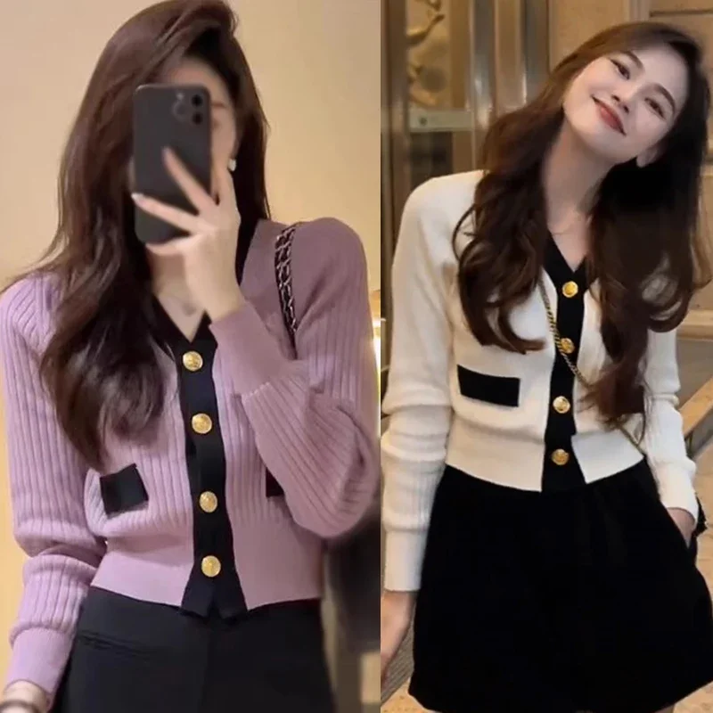 

2024 New Women's Korean Version Sweater Jacket V-neck Knitted Long Sleeved Cardigan Jacket