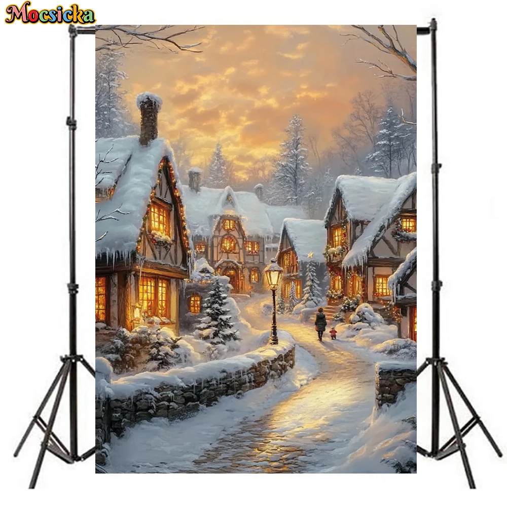 Mocsicka Christmas Winter Village Photography Backdrop Snowy Town Street Glowing Cottage Background Family Holiday Photo Shoots