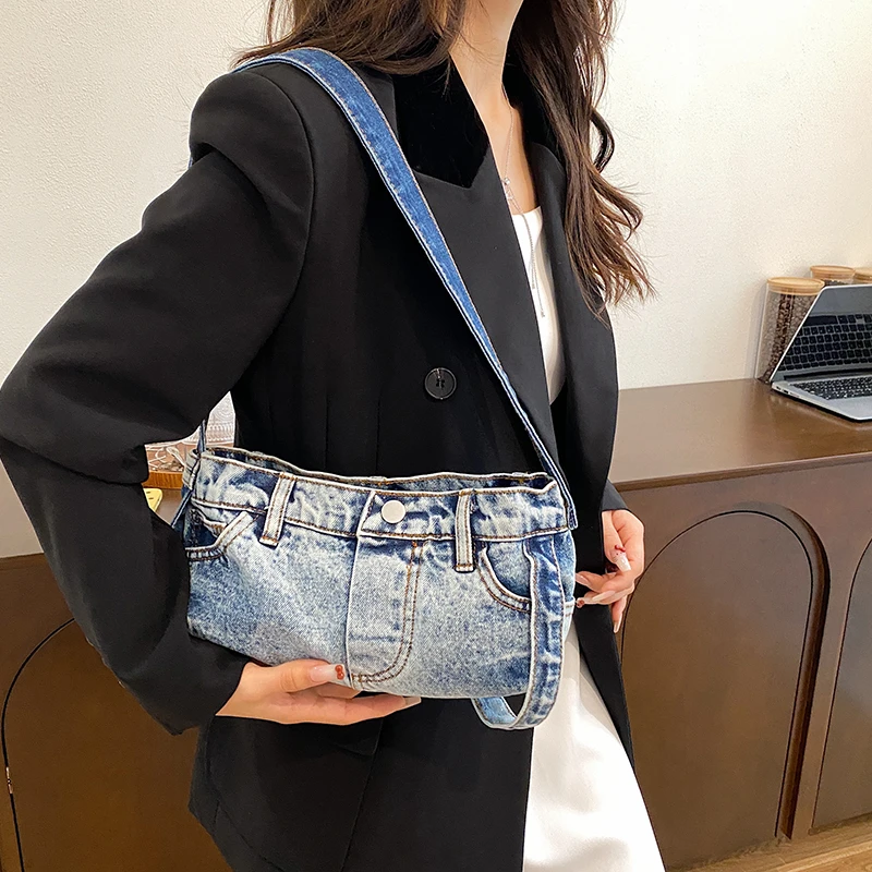 Luxe Designer Jeans Tas Vrouwen Denim Schoudertas 2024 Nieuwe Motorstijl Damestas Mode Onderarm Handtas