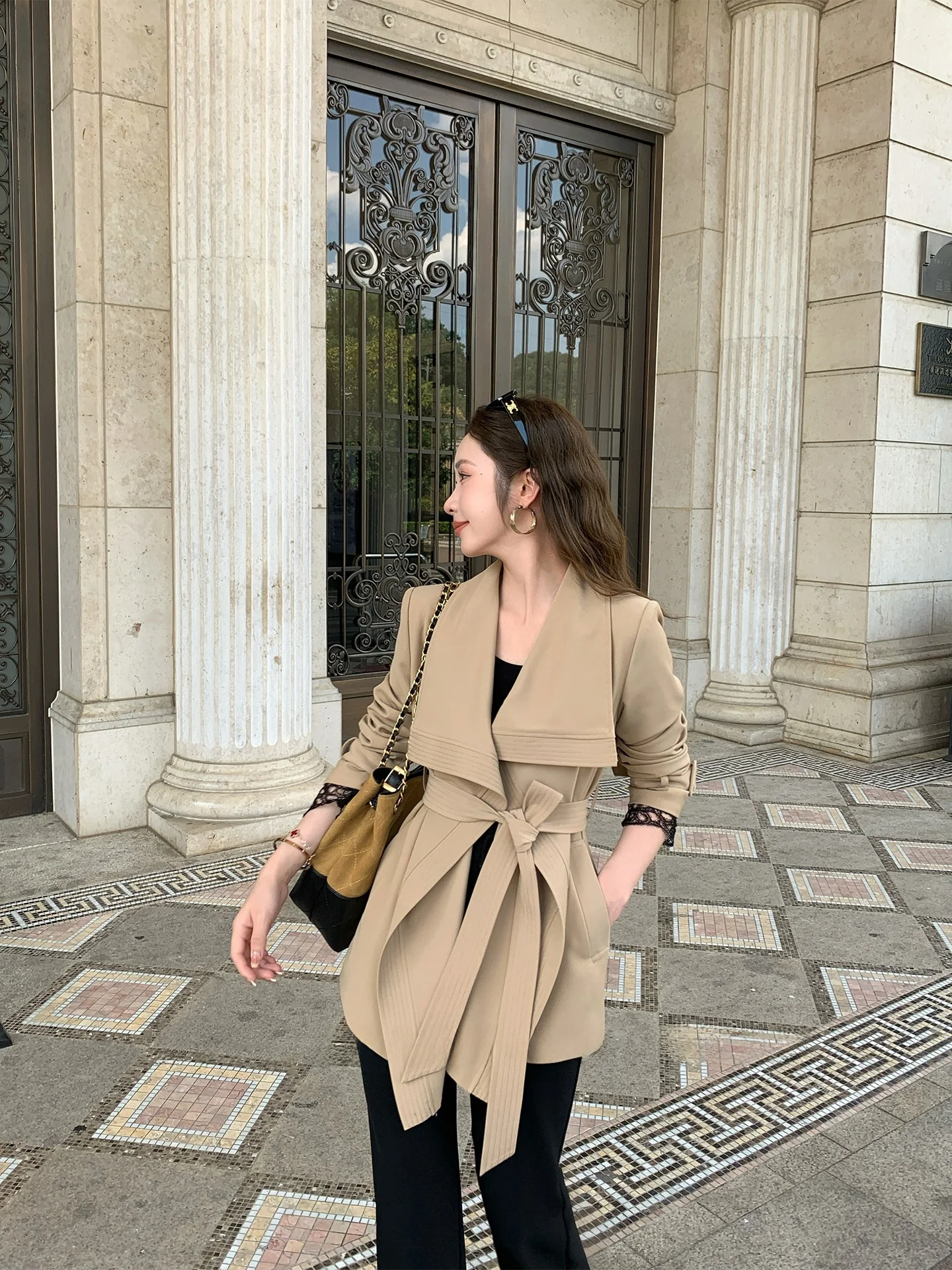 

Куртка-ветровка ort i Color Coat для женщин, весенняя коллекция, с отложным воротником, с поясом, премиум-класса, из полиэстера с покрытием