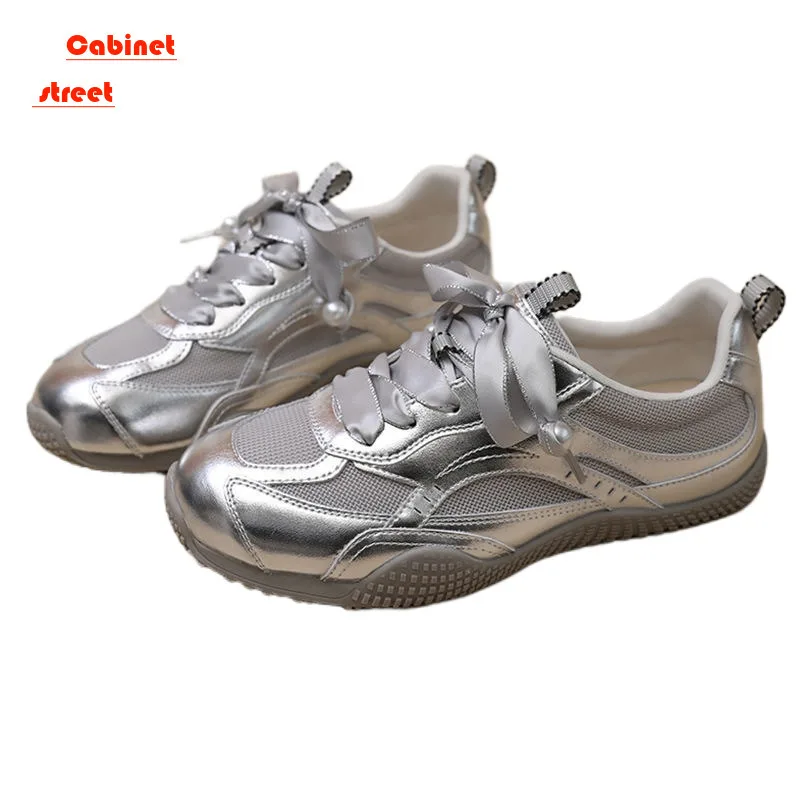 

Women's German Training Women Flat Shoes 2024 Summer Pearl Mesh Breathable Forrest Gump Shoes Soft Sole Silver White Sneakers