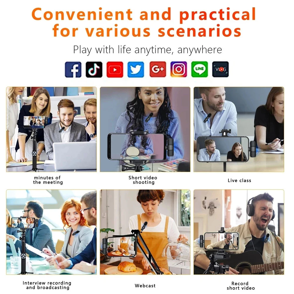 2 في 1 ميكروفون لاسلكي Lavalier محمول لتسجيل الصوت والفيديو ميكروفون صغير لنظام Ios وأندرويد البث المباشر هاتف الألعاب Mikrofo