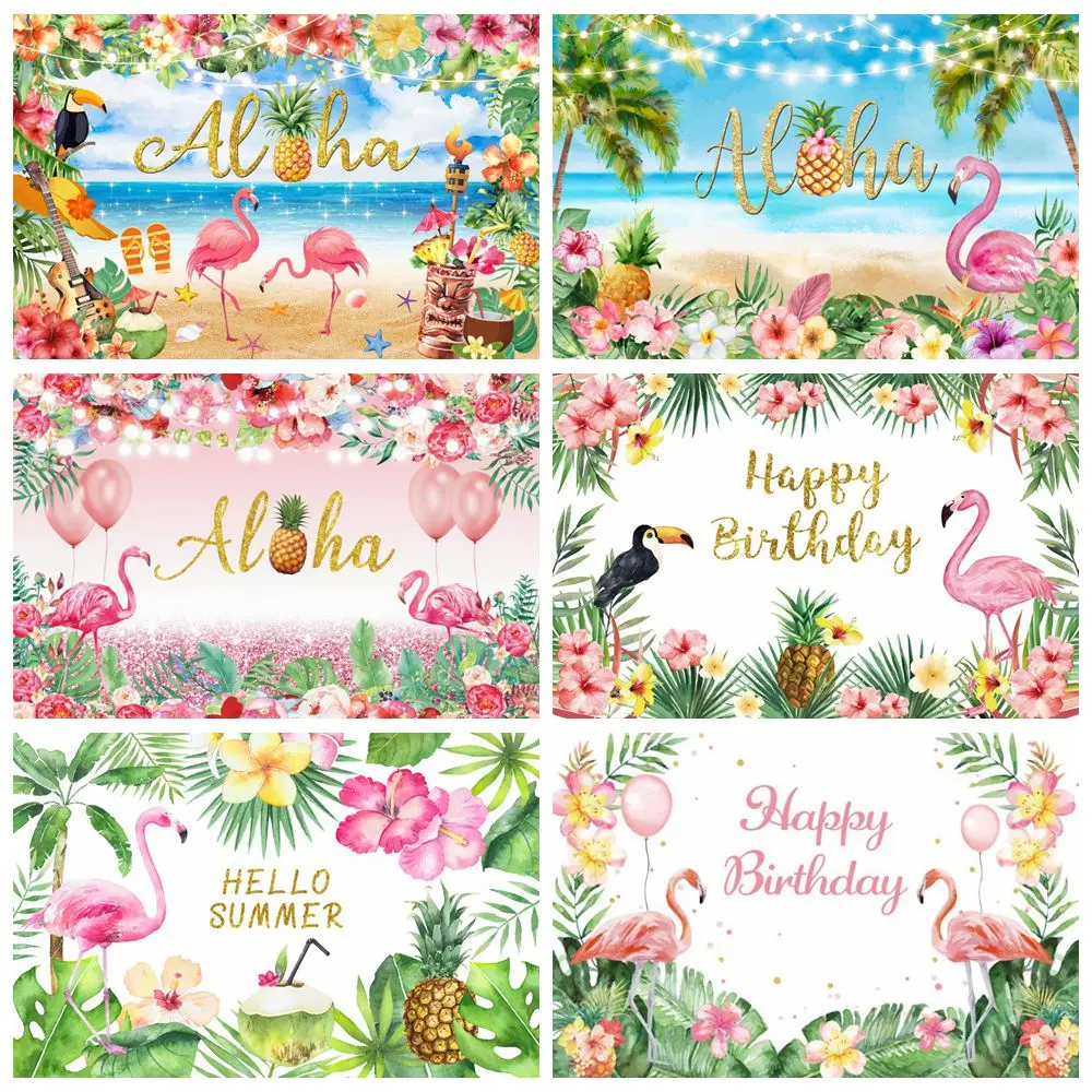 

Summer Aloha Flamingo Backdrop Palms Leaves Seaside Baby Shower Birthday Party Holiday Portrait Photography Background Decor