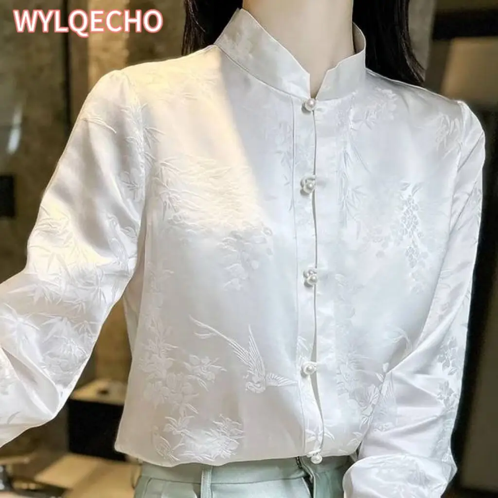 

2023 New Chinese Style Bamboo Bird White Oriental Lady Top Autumn Standing Collar Han Element Vintage Shirt Tang Suit Satin Top