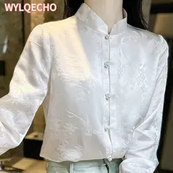 2023 New Chinese Style Bamboo Bird White Oriental Lady Top Autumn Standing Collar Han Element Vintage Shirt Tang Suit Satin Top