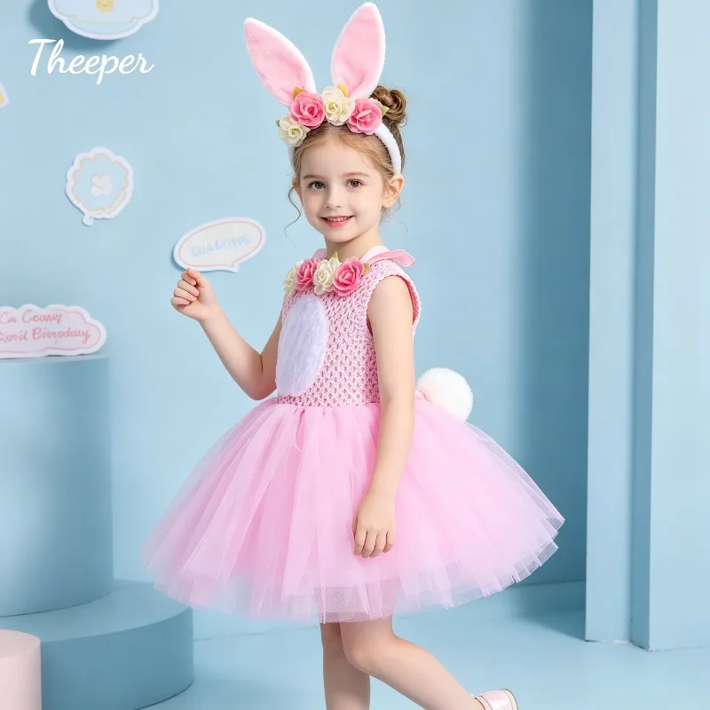 

Rabbit Tutu Dress Fluffy Tulle Skirt Elegant Princess Outfit European Style Stage Wear Birthday Celebration Holiday Daily Attire