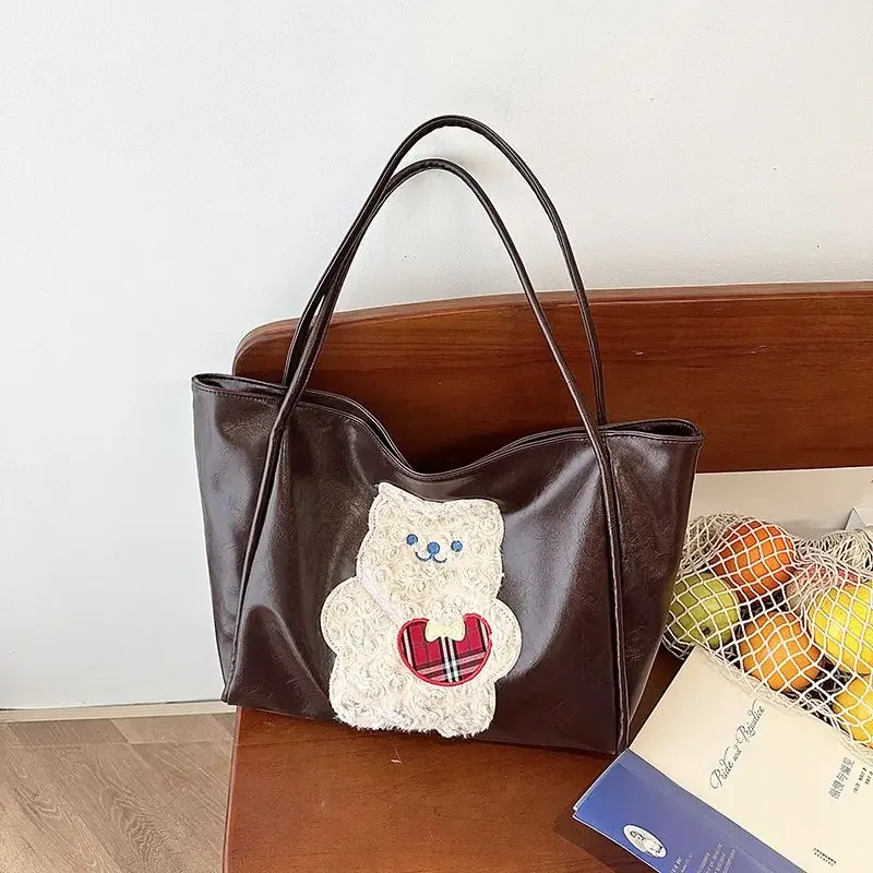 Fashion Bear Tote Bag for Women Y2K Simple Large Capacity College Students Class Commuter Shoulder Bag Full Match Women's Bag