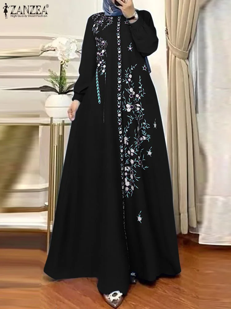 ZANZEA-Vestido estampado floral de manga comprida feminino, abaya, moda muçulmana, vestido de verão maxi, roupas Eid Mubarak