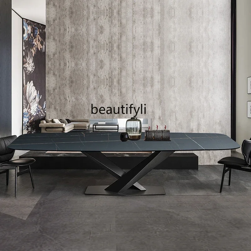 

Italian imported rock slab dining table and chair combination restaurant light luxury rectangular designer dining table9344