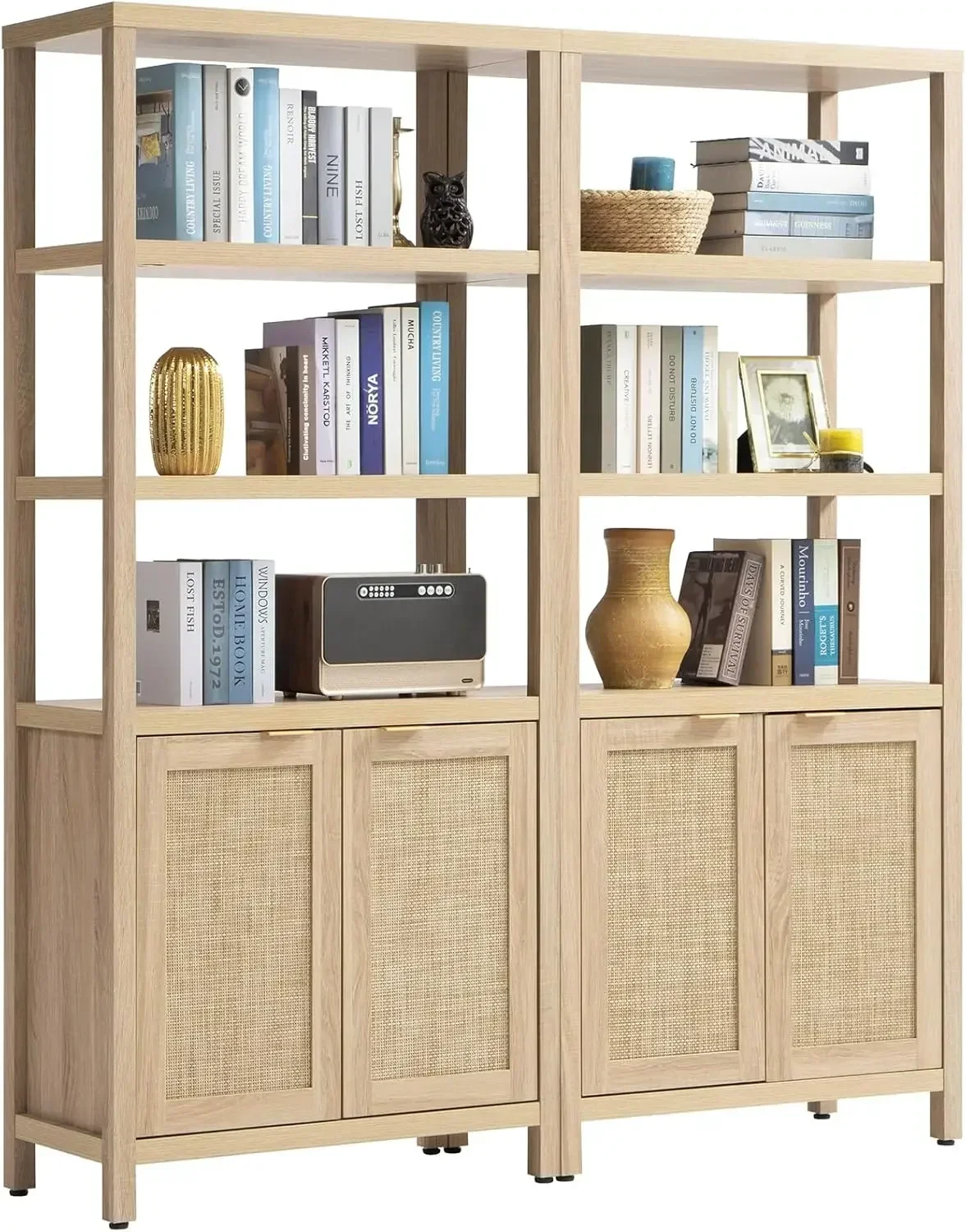 

5 Tier Book Shelf Rattan Boho Tall Bookcase with Doors Storage Wood Shelves Large Bookshelves Farmhouse Bookcases