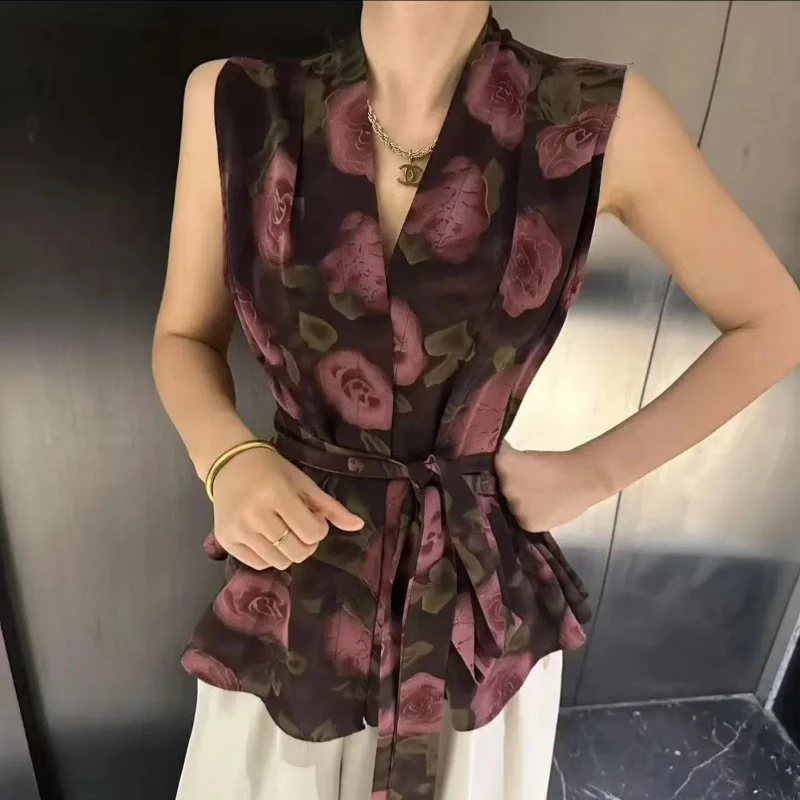 

V Neck Printing All-match Vintage Blouse Summer New Sleeveless Irregular Temperament Shirt Tops Elegant Fashion Women Clothing
