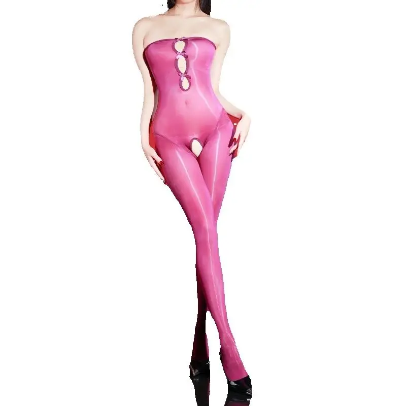 

Women Sexy Jumpsuit Stockings Bow Hollow Tube Top Open Crotch Bodysuit Pantyhose Ultra-Thin Oil Shiny Silky Transparent Tights