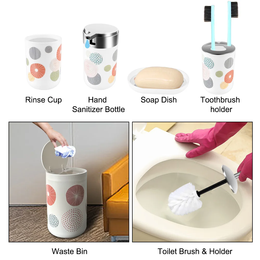 Soap Dish Lotion Dispenser Toothbrush Holder Trash Can Bathroom Accessories Set 4PCS/6PCS Toliet Brush with Holder Cup