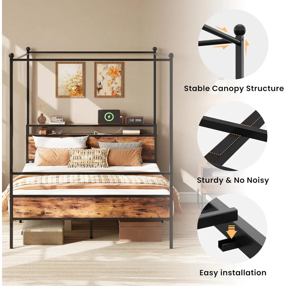 إطار سرير بمظلة كوين مع لوح أمامي للتخزين ومحطة شحن، سرير بمنصة معدنية قوية مع 4 أعمدة قابلة للإزالة #6